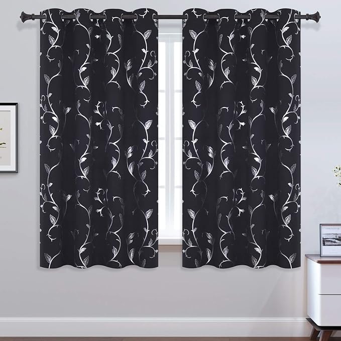 BUHUA Blackout Curtains 63 Inch Length 2 Panels Thermal Insulated Window Treatment for Bedroom Grommet Room Darkening Curtains with Wave Vine Printed (52 x 63 Inch, Black) - Image 2