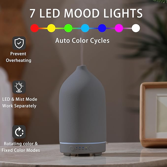 200ML Ceramic Essential Oil Diffuser - Ultrasonic Aromatherapy & Humidifier with 7-Color LED Lights, Auto Shut-Off, Grey, 1H/3H/6H Timer | Scent for Home,Office,Yoga - Image 6