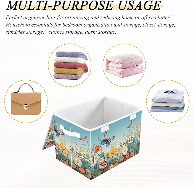 xigua Colorful Flower Pattern Storage Bins with Lids and Carrying Handle,Foldable Storage Boxes Organizer Containers Baskets Cube with Cover for Home Bedroom Closet Office - Image 7