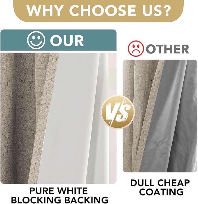 H.VERSAILTEX Linen Curtains 100% Blackout Curtains for Bedroom 90 inch Long Full Light Blocking Nature Linen Blended Window Curtains for Living Room Nickel Grommet (2 Panels, Cobblestone) - Image 3