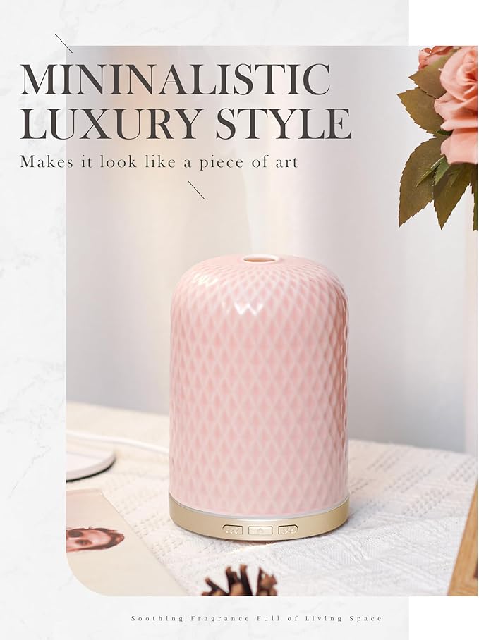 Essential Oil Diffuser for Home, 120ML Diffusers for Essential Oils Large Room, Ceramic Diffuser with USB Cable, Warm Ambient Light, Aromatherapy Diffuser Home Decor, Gift Choice, Pink - Image 3