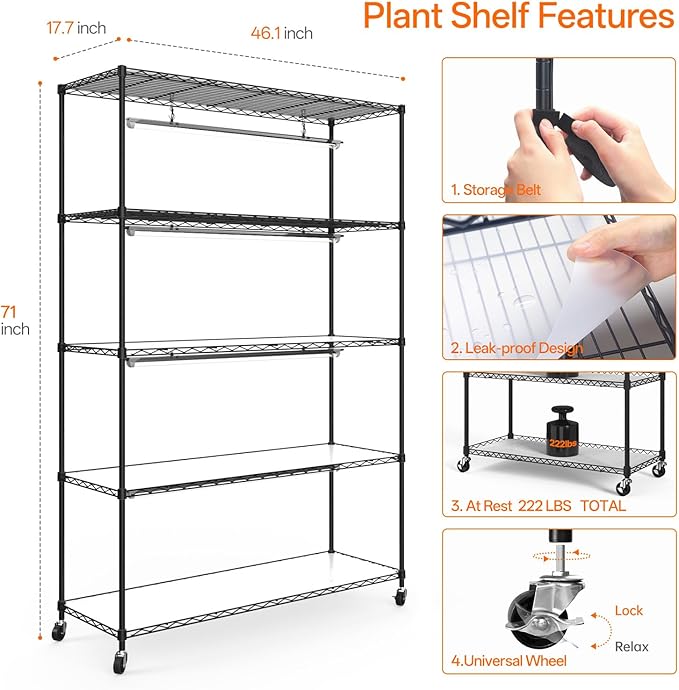 Bstrip Plant Shelf with Grow Light, 5 Tier Large Tall Plant Stand with 3FT T8 120W Grow Light for Indoor Plants, Full Spectrum LED Plant Light with wheel for Seedling, (47.2" Lx17.8 Wx71 H) - Image 7
