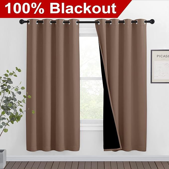 NICETOWN Living Room Completely Shaded Draperies, Privacy Protection & Noise Reducing Ring Top Drapes, Black Lined Insulated Window Treatment Curtain Panels(Cappuccino, 2 Pieces, W46 x L72) - Image 2