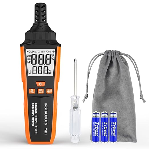 Temperature Humidity Meter, High Precision Digital Hygrometer with Ambient, Dew Point, Wet Bulb Temperature for Indoor Outdoor, Thermometer with Min/Max, Data Hold, LCD Backlight, TH11 by Instrodots