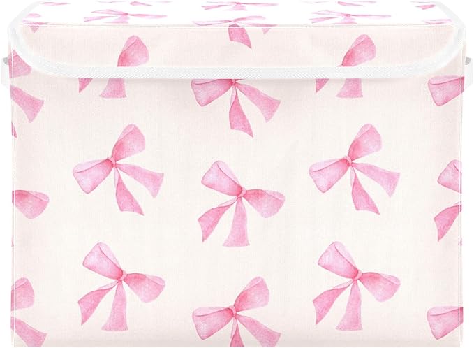 xigua Pink Bow Storage Bins with Lids and Carrying Handle,Foldable Storage Boxes Organizer Containers Baskets Cube with Cover for Home Bedroom Closet Office by LLCxigua