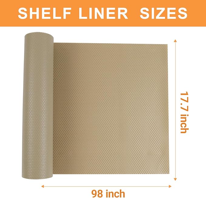 FLPMIX Shelf Liners for Kitchen Cabinets: 17.7" Wide Waterproof Non-Adhesive Drawer Liner - 17.7" x 96" Khaki Easy to Cut Cupboard Mat for Pantry Shelves - Image 8