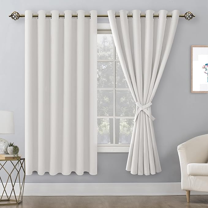 Hiasan Room Darkening Curtains for Bedroom, 70 x 63 Inches - Thermal Insulated & Light Blocking Window Drapes for Living Room/Dorm Room, Set of 2 Panels Sewn with Tiebacks, Ivory - Image 2