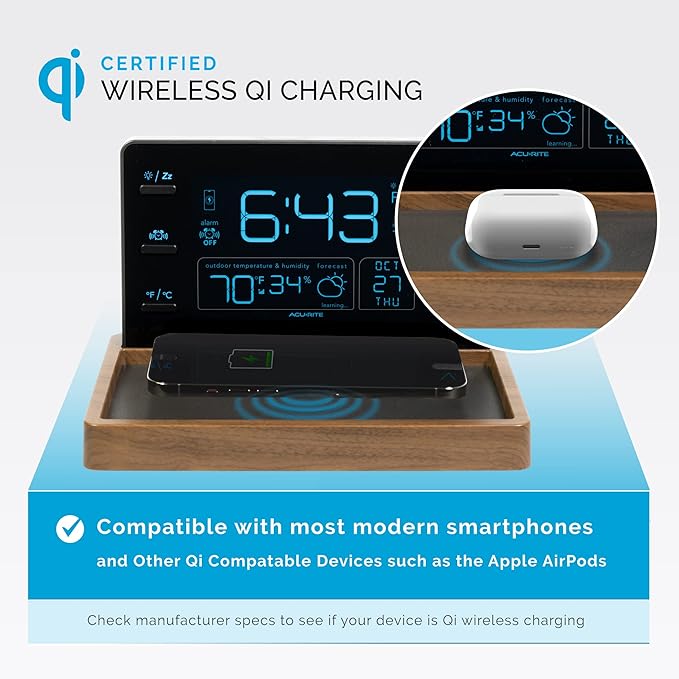 AcuRite Weather Valet with Qi-Certified Wireless Charging Pad, Auto-Dimming LCD Screen, Alarm Clock, Hyperlocal Forecast, Outdoor Temperature and Humidity Measurements, Indoor Temperature Reading - Image 6