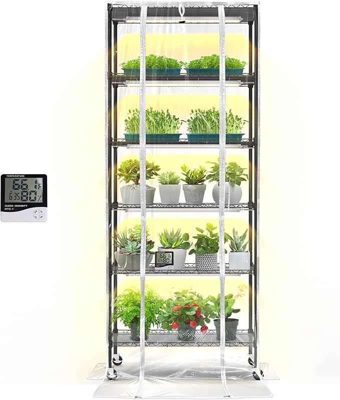 Bstrip Indoor Greenhouse with Grow Light, DIY Plant Shelf with Cover, 6 Tier Plant Stand, 5 Pack 150W Full Spectrum Grow Lights with 3 Color Mode For Indoor Plants, Seed Starting, 29.5"L×13.8"W×71"H by Bstrip
