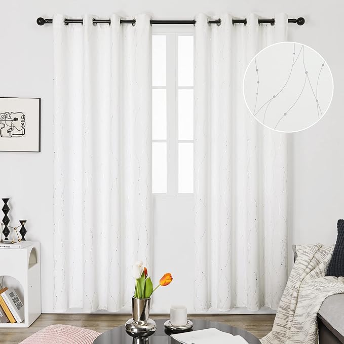 Deconovo Room Darkening Curtains, Pure White Curtain, Thermal Insulated Noise Reduced Drapes, Silver Wave Dots Print, 52 x 108 Inch Long, Machine Washable Window Panels for Patio Door, Set of 2 - Image 2