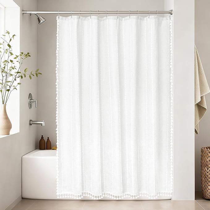 72 x 84 inch Extra Long Boho Farmhouse Shower Curtain with Tassels, White Linen Textured Soft Fabric Shower Curtain Heavyweight, Elegant French Country Striped Bathroom Curtain Water Repellent - Image 6