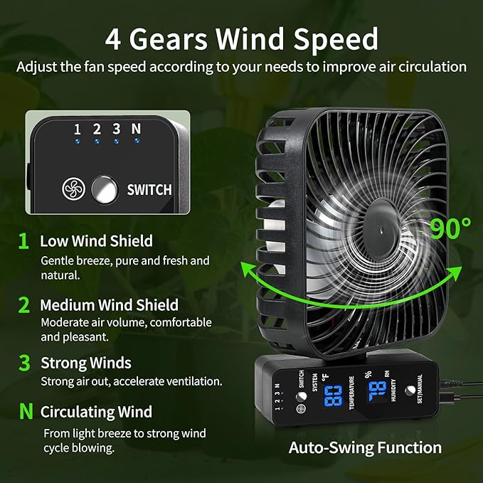 6" Grow Tent Fan with Temp & Humidity Display, Auto Temp & Humidity Control, 4 Speeds, 90° Oscillation, 2-Pack - Image 4