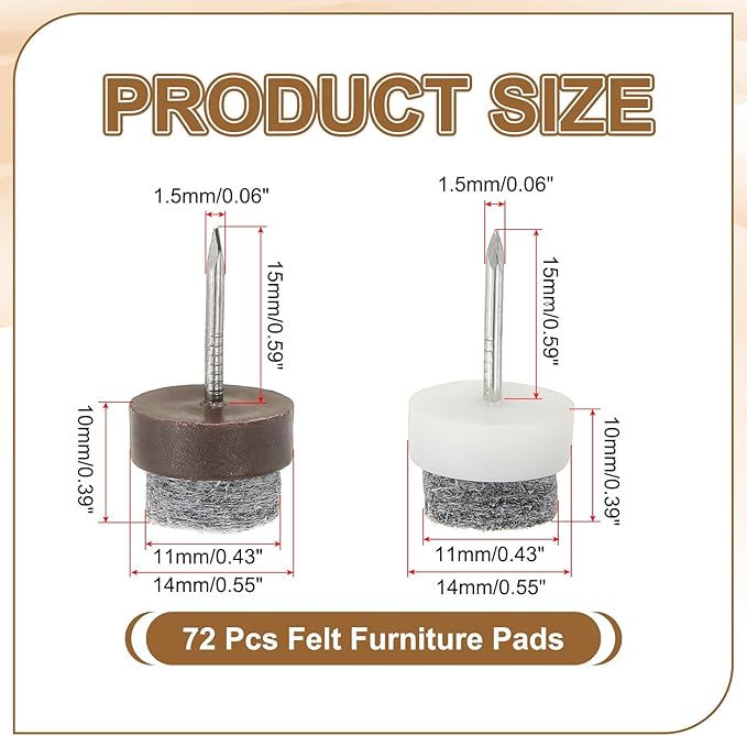 PATIKIL 14 mm Nail-on Felt Pads, 72 Pcs Round Felt Furniture Sliders Pads Heavy Duty Floor Protectors for Wooden Chair Sofa Cabinet Table Leg Feet Hardwood Floors, Black/Brown/White - Image 2