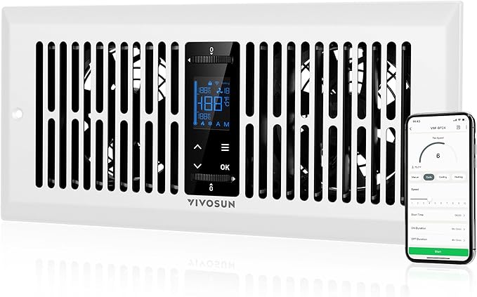 VIVOSUN Quiet Register Booster Fan for "  " Holes, Cooling Heating Vent Fan with 10-Speeds App Control &Adjustable Wind Direction, Thermostat Control for Bedroom, Bathroom &Attic, White by VIVOSUN