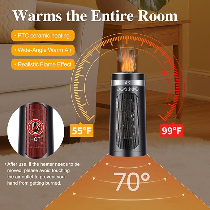 Space heaters for Indoor use, Space heater with humidifier,750w/1500W,Oscillating heater,with Tip-Over,PTC Material Rapid Heating,Humidifier with Ambient Light,12-hour timer, for 50-200 sq ft - Image 5