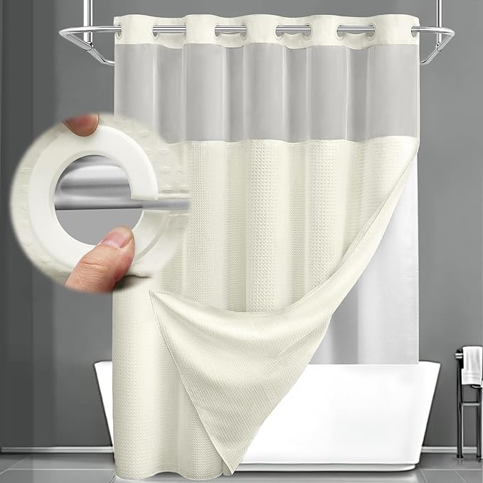 No Hook Shower Curtain and Liner Set,Cream Hotel Waffle Shower Curtain with Liner 81" L x 72" W by Unknown