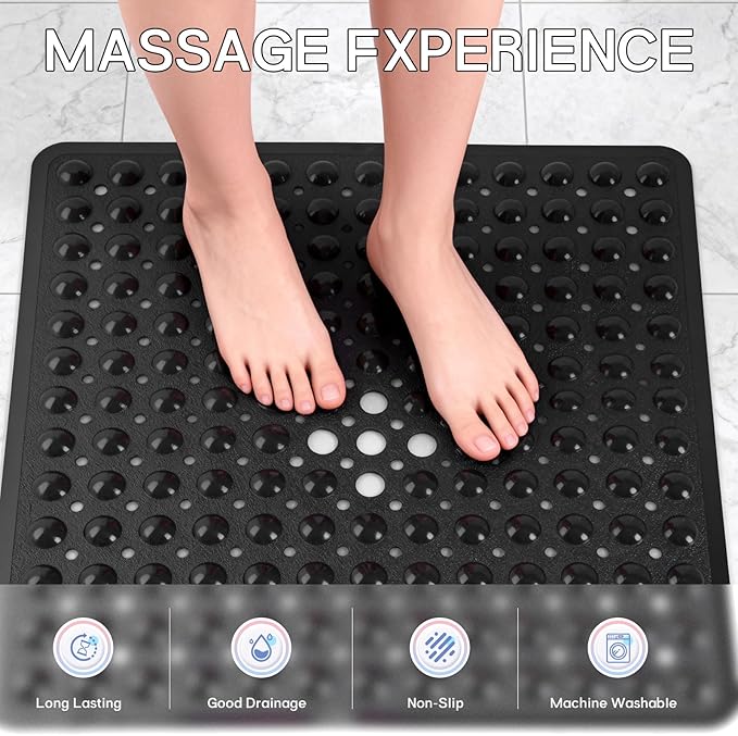 Anti-Slip Bathtub Shower mat, 20.8×20.8（Approximately 53×53cm） inch Soft Oversized Machine Washable Non-Slip Bathtub mat with Drainage Holes, Bathroom Floor Suction Cup.（1-Opaque Black） - Image 5