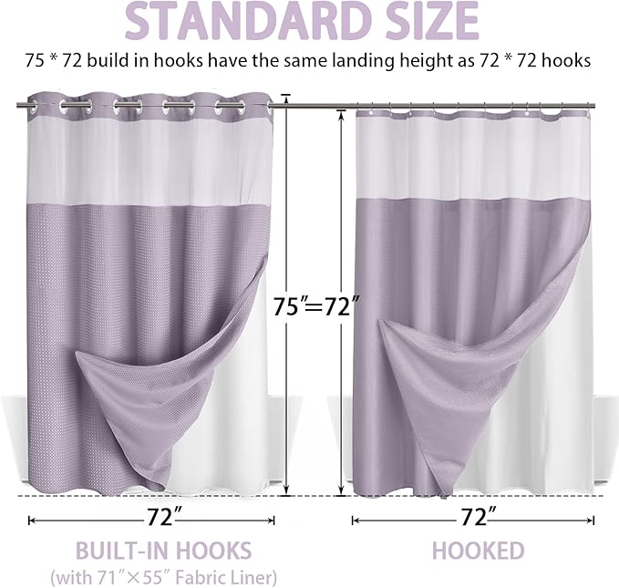 No Hook Shower Curtain and Liner Set,Lavender Hotel Waffle Shower Curtain with Liner 75" L x 72" W - Image 6