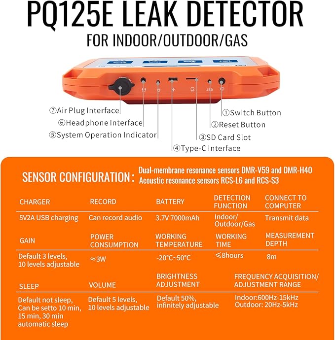 PQWT Underground Water Leak Detectors PQ125E All Scenario and Gas Wall Pipe Water Leakage Detection with Touchscreen Earphone and Carrying Case Multi Sensor Acoustic Pipeline Sound Intensifier - Image 5