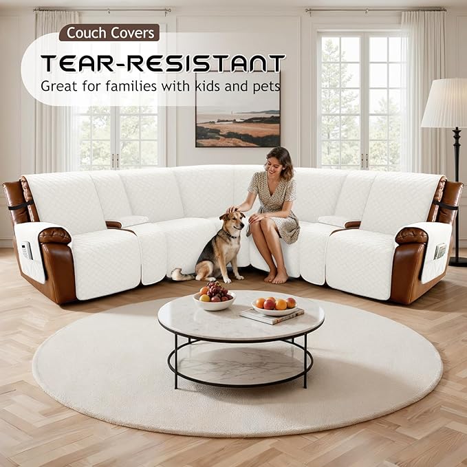 Arfntevss Waterproof Recliner Sectional Couch Covers for Reclining L Shape Sofa Cover Non Slip Washable L Shaped Slipcover Sets for Dog Furniture Protector (5 Seat with 2 Console Cover, Cream White) - Image 7