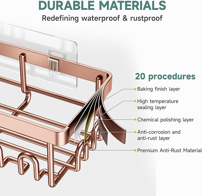 Veken Shower Caddy 6-Pack, No Drilling & Rustproof, Waterproof Adhesive Shelves Rack with Soap Holder, Large Capacity Bathroom Organizers and Storage, Wall-Mounted Kitchen & Home Decor, Rose Gold - Image 4