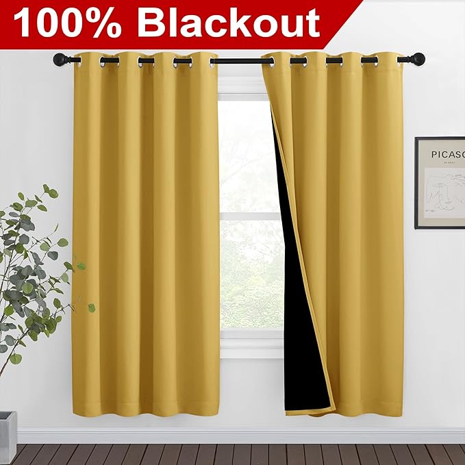 NICETOWN Bright Yellow Full Shade Curtain Panels, Pair of Thermal Insulated & Energy Efficiency Blackout Drapes for Living Room Windows, Lined Silky Performance Window Dressing (46" Wide x 72" Long) - Image 2