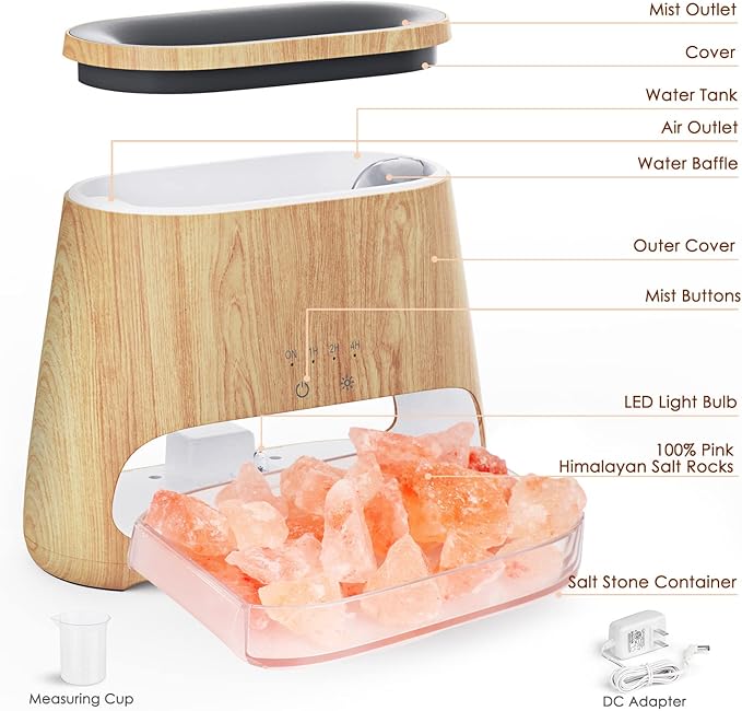 SALKING 2-in-1 Ultrasonic Essential Oil Diffuser & Himalayan Salt Lamp, Aromatherapy Diffuser Cool Mist Humidifier with Auto Off Function, 100% Pure Himalayan Pink Salt Rock, 150ml (Wooden Grain) - Image 7