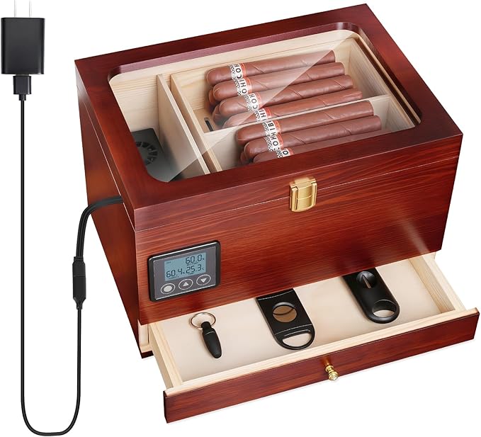 Cigar Humidor Cabinet with Electric Humidifier Precision Humidity Control Digital Display Double-Layer Cedar Shelves Glass Top Accessory Drawer, 65-Cigar Capacity, Father's Day Gift for Men (Brown) by Unknown