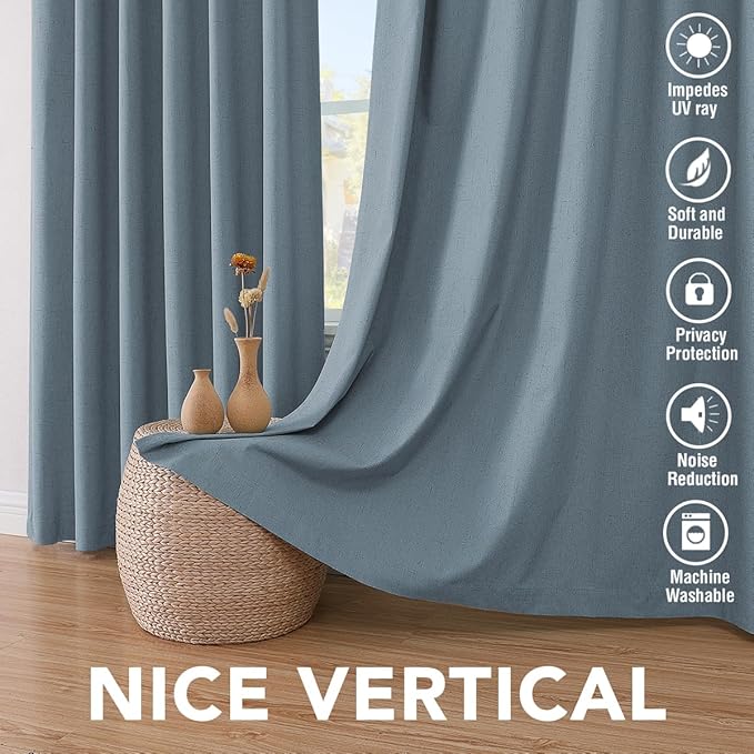 H.VERSAILTEX Linen Blackout Curtains 108 Inches Long 100% Blackout Thermal Insulated Textured Linen Look Curtain Draperies Anti-Rust Grommet, Energy Saving with White Liner, 2 Panels, Stone Blue - Image 7