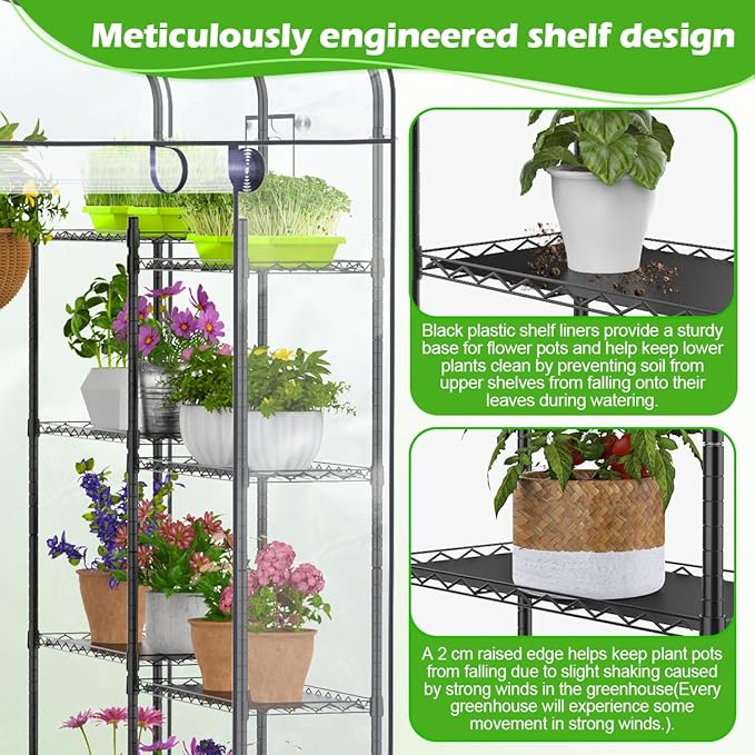 Abimars Walk-in Greenhouse with Height-Adjustable Shelves, Heavy Duty Green House for Outdoors/Indoors, Heavy-Duty Steel Frame & Thickened PVC Cover, 82"x57"x55.5", Black - Image 5