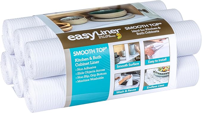 Smooth Top EasyLiner for Cabinets & Drawers - Easy to Install & Cut to Fit - Shelf Paper & Drawer Liner Non Adhesive - Non Slip Shelf Liner for Kitchen Pantry - 20 Inch Width - 36 Total Feet - White by DuckBrand