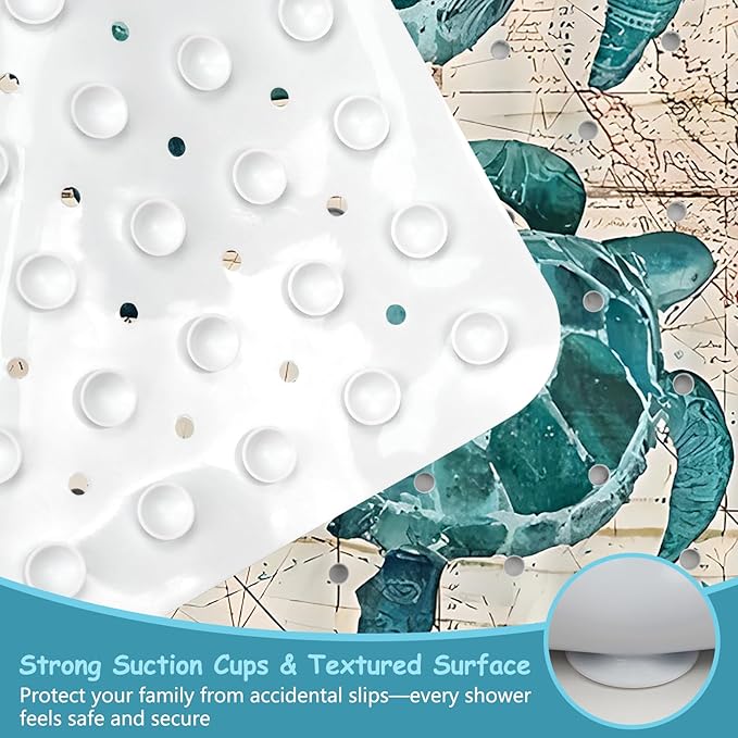 Sea Turtle Square Anti Slip Shower Mats for Inside Shower Accessories, Cute Bath Mats for Bathroom Non Slip Shower Floor Mat Decor Rubber Bathmat With Suction and Drain Holes Machine Washable, 21″X21″ - Image 3