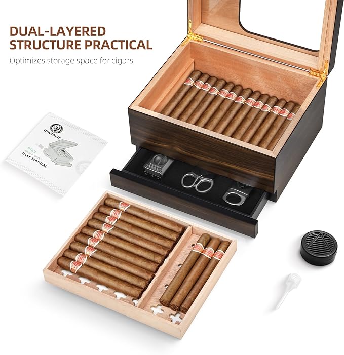 Cigar Humidor, Modern Glass Top Cedar Humidor Cigar Box with Accessory Drawer, Digital Hygrometer,Handcrafted Cedar Wood Tray and Divider, Cigar Case for 30-55 Cigars, Cigar Accessories for Men - Image 2