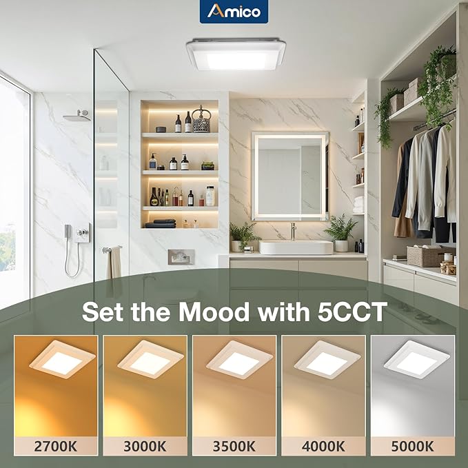 Amico Bathroom Exhaust Fan with Light, 110 CFM, 1.0 Sones, 5CCT, 1000LM, Easy Installation, Ceiling Mount Bathroom Fan, Adjustable Bath Exhaust Vent with light, ETL & FCC Certified - Image 3
