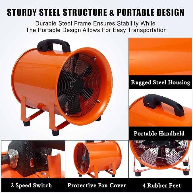16 in Two Speed Utility Blower Exhaust Fan with 32.8 ft Duct, 3500 r/min & 3500 CFM Heavy Duty Blower Fan, High Velocity Low Noise Extraction and Ventilation Fan with Duct Hose - Image 4