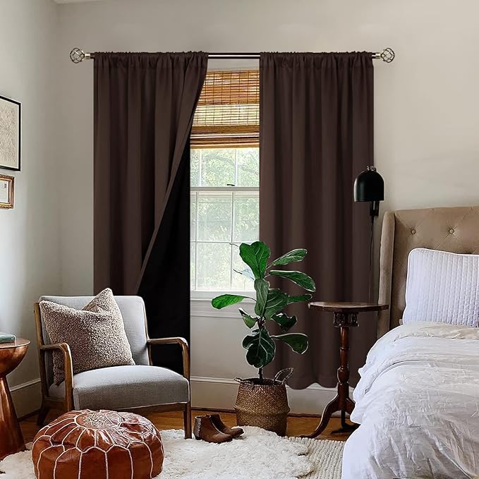 BGment Thermal Insulated 100% Blackout Curtains for Bedroom with Black Liner, Double Layer Full Room Darkening Noise Reducing Rod Pocket Curtain (52 x 84 Inch, Brown, 2 Panels) - Image 2