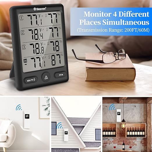 Geevon Indoor Outdoor Thermometer Wireless with 3 Remote Sensors, Digital Hygrometer Thermometer, Wireless Temperature Humidity Monitor Gauge with 200FT/60M Range (Black) - Image 3