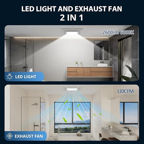 10" Bathroom Exhaust Fan with Light, 8" x8" Ceiling Opening, 110 CFM Powerful 1.0 Sone Quiet Vent Fan, 2600lm 6000K Color LED Light, Easy to Install, Space Saving Bathroom Ventilation - Image 2