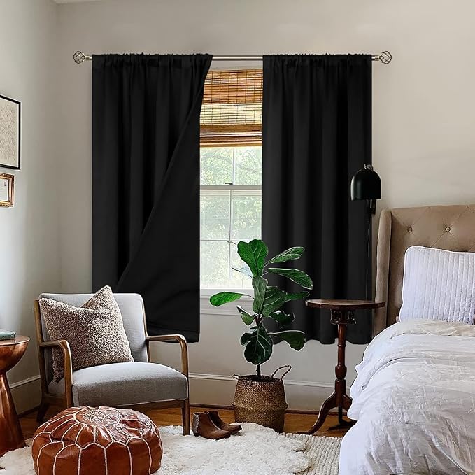 BGment Thermal Insulated 100% Blackout Curtains for Bedroom with Black Liner, Double Layer Full Room Darkening Noise Reducing Rod Pocket Curtain (42 x 63 Inch, Black, 2 Panels) - Image 2
