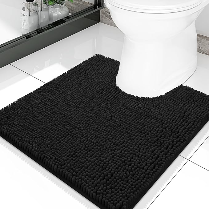 Smiry Luxury Chenille Toilet Rugs U-Shaped 20x20, Soft Absorbent Non-Slip Contour Bathroom Rugs for Toilet, Machine Washable Contoured Bath Mats, Black by Smiry