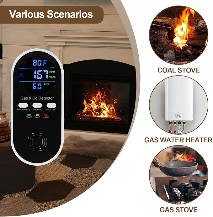 2 Packs Combination Gas Leak Detector & Carbon Monoxide Alarm,5-in-1 Plug-in Natural Gas,Propane&CO Alarm with Adjustable Voice/Brightness,9V Battery Backup,°F & Humidity Sensor for Home,RV,Hotel - Image 6