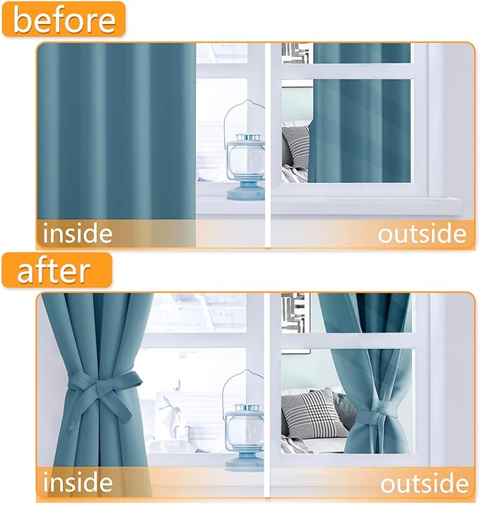 Hiasan Grommet Blackout Curtains for Bedroom, 70 x 63 Inches - Thermal Insulated & Light Blocking Window Drapes for Living Room/Dorm Room, Set of 2 Panels Sewn with Tiebacks, Stone Blue - Image 5