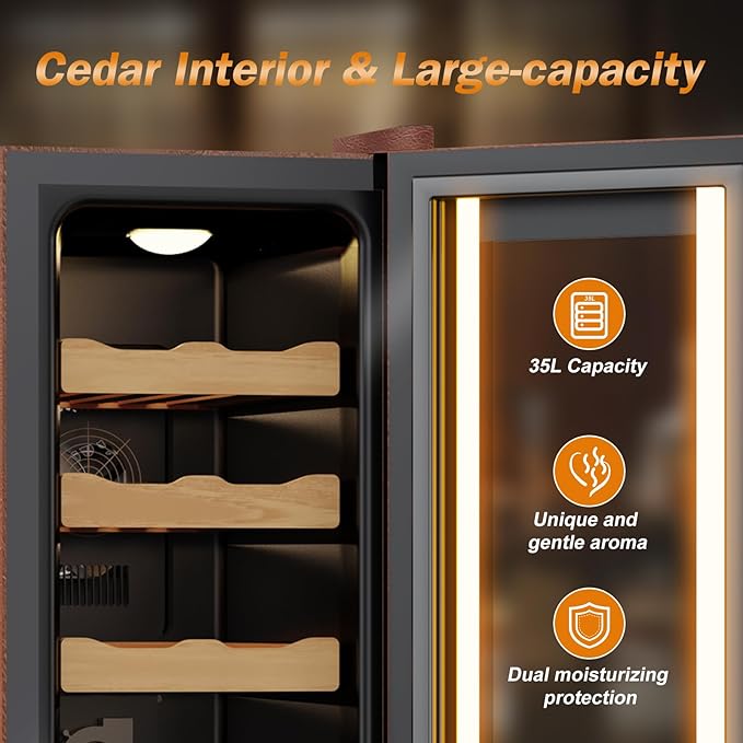 Electric Humidor with Leather-35L Cooling & Heating Humidor, Smart Touch Control Humidity & Temp, Humidors wtih Spanish Cedar Wood Tray and Drawer, Digital Display, Safety Lock, Desktop Gift for Men - Image 3