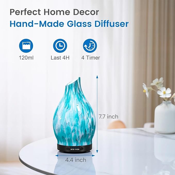 Essential Oil Diffuser, 120ML Glass Aromatherapy Diffuser with Auto Shut-Off and 7 Color LED Lights, Ultrasonic Mist Humidifier with 4 Timer for Home Office Bedroom (Blue Mountain) - Image 3