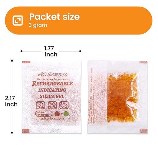 Adsorbco Rechargeable Desiccant, Indicating Silica Gel Packets, Moisture Absorbers for Storage, Gun Safe Dehumidifiers (160, 3g) - Image 2