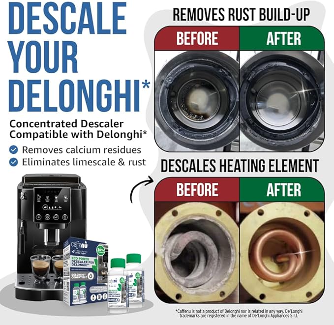 Delonghi Compatible Descaling Solution. 2 Bottles of Descaler Solution. Descaling Kit Removes Limescale For Hotter Coffee. 4 Uses Descaler For Delonghi Coffee Machines. - Image 2