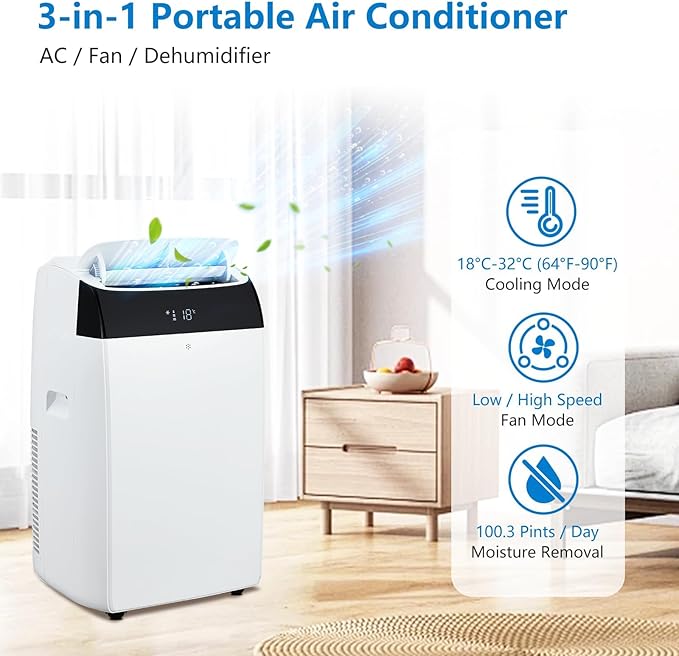GAOMON 14000 BTU Portable Air Conditioners With Remote Control,3-In-1 Free Standing Cooling AC Unit With Fan & Dehumidifier,Smart/Sleep Mode,3 Speed,Auto Swing,Large Room,Office,Garage White lid - Image 4