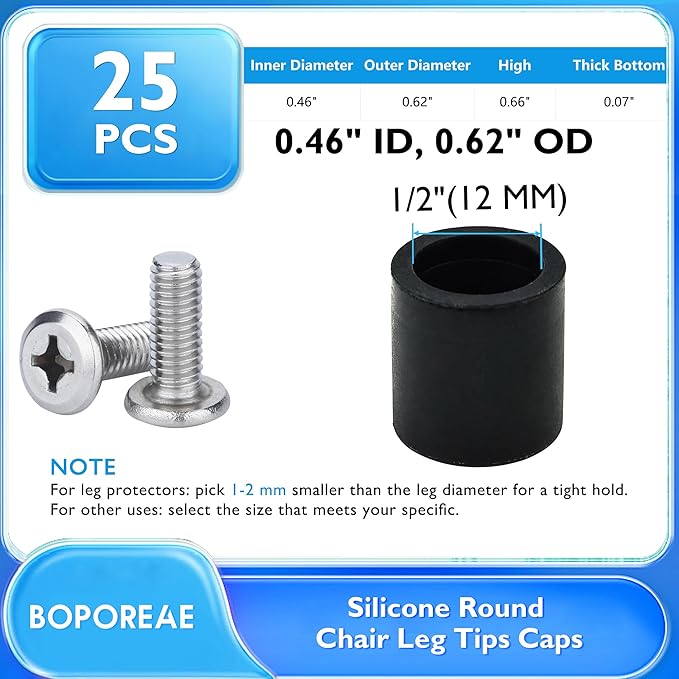 25 Pcs 1/2"(12 mm) Round Chair Leg Tips Caps, Silicone Rubber Furniture Leg Floor Protectors, Reduce Noise Folding Metal Chair Leg Cap Replacement for Bar Stool Leg Patio Indoor, Black - Image 9