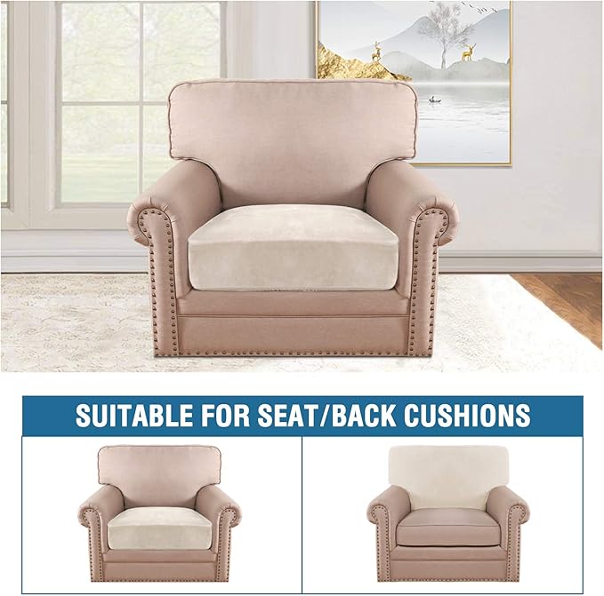 H.VERSAILTEX Velvet Stretch Couch Cushion Cover Plush Cushion Slipcover for Chair Cushion Furniture Protector Seat Cushion Sofa Cover (1 Piece Armchair Cushion Covers, Ivory) - Image 3