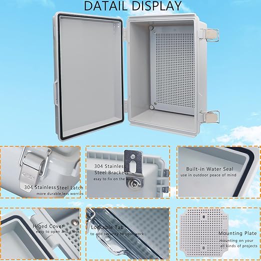 Waterproof Junction Box, ABS Plastic Electrical Box with Stainless Steel Latch, Hinged Cover Electric Project Enclosure Box with Mounting Plate, Wall Brackets & Cable Gland 11"x7.5"x5.1" - Image 3